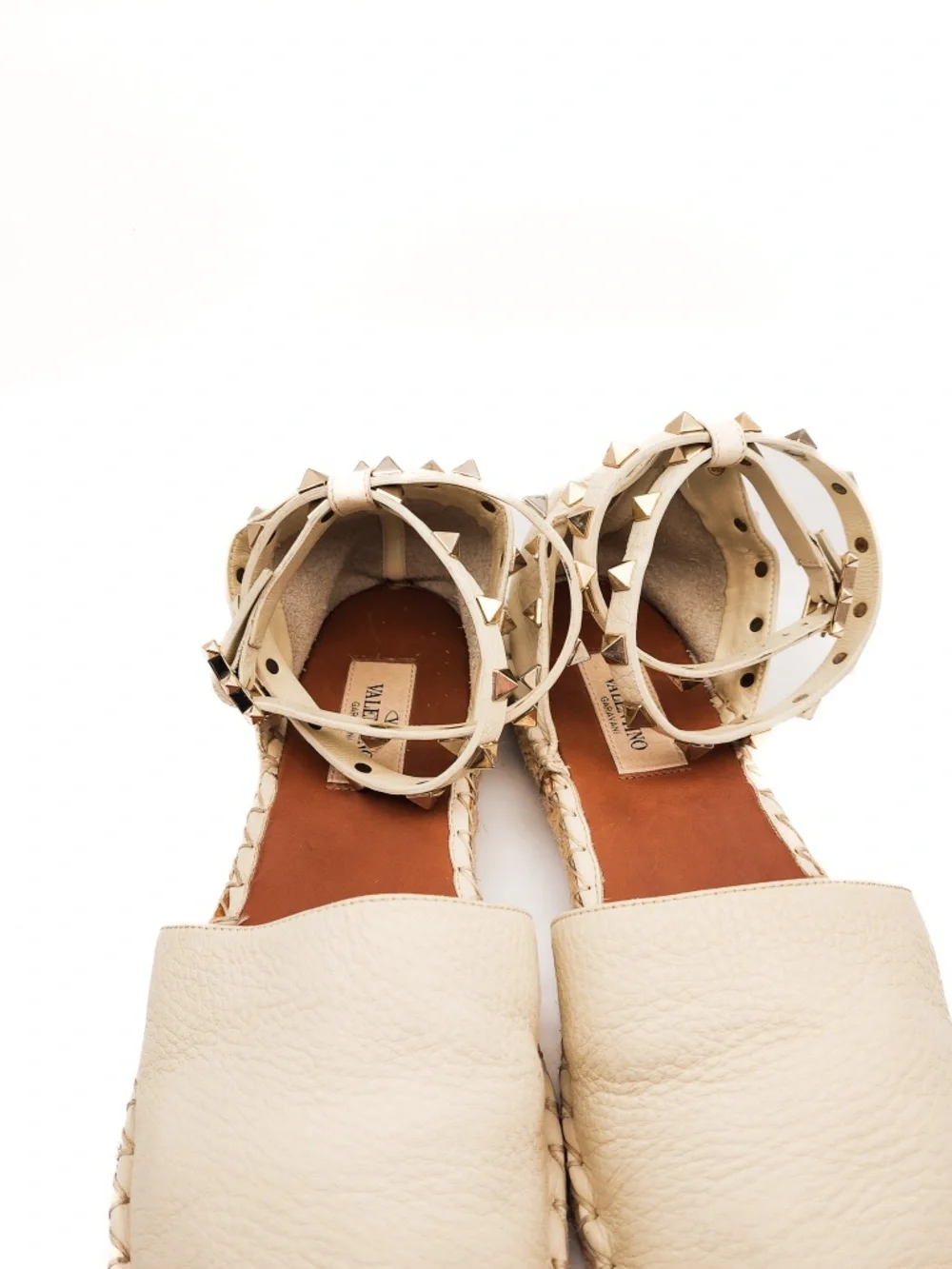 Valentino Garavani Rockstud Ivory Leather Espadrille Ankle Strap Flats EU 39